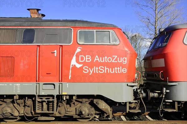 Close-up of the red Sylt Shuttle train with DB AutoZug logo, Sylt, North Frisian island,