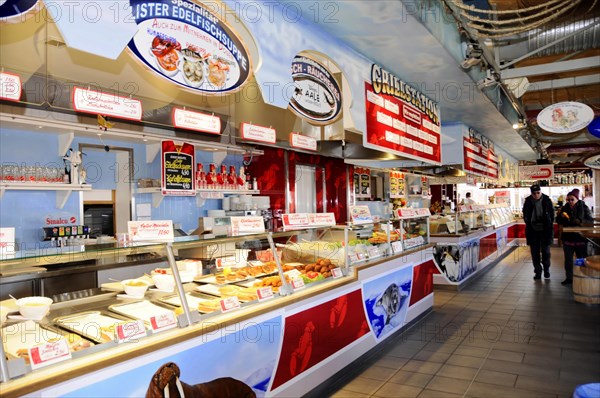 List, harbour, Sylt, North Frisian island, view into a hall with sales counters for fresh fish and