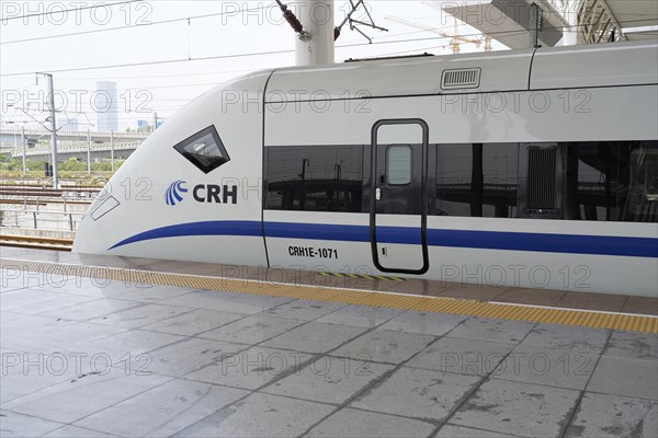 Express train CRH380 to Yichang, close-up of a closed door of a high-speed train on the platform,