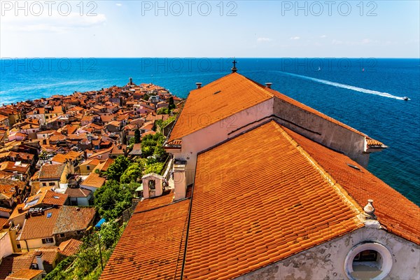 View from the bell tower over Piran, harbour town of Piran on the Adriatic coast with Venetian
