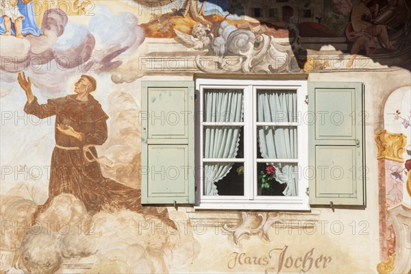 Lueftlmalerei on old house facade with wooden window, Jocherhaus, district Garmisch,