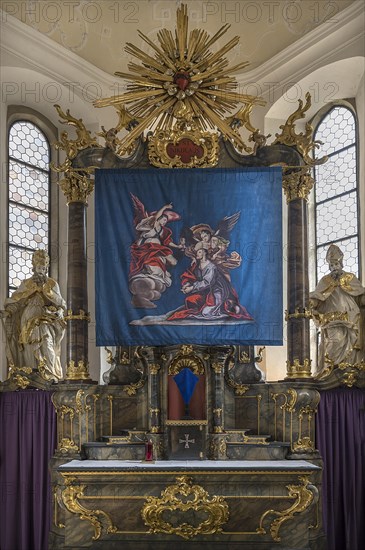 Historic Lenten cloth, made in 1726, in front of the main altar, St Nicholas parish church,