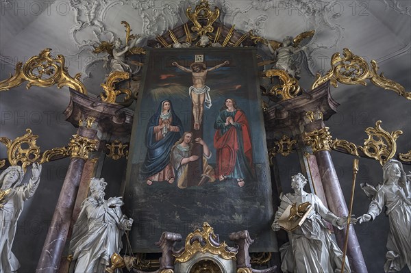 Historic Lenten cloth in front of the high altar, St John the Baptist, Ochsenfurt-Hohestadt, Lower
