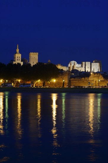 Papal Palace and Notre-Dame des Doms Cathedral at night, Avignon, Vaucluse, Provence-Alpes-Cote