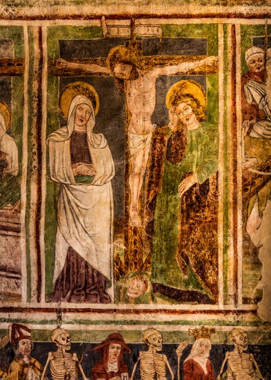 Crucifixion scene, Gothic frescoes from 1490, a highlight of medieval wall painting, by Johannes