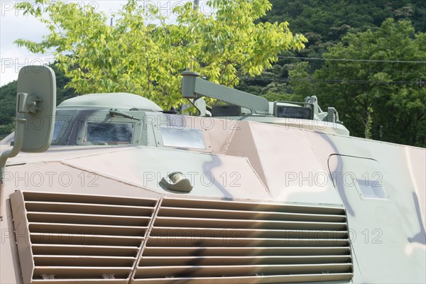 Closeup side view of grill and air vent on military vehicle displayed in public park in Nonsan,