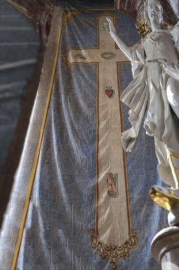 Historic Lenten Shroud hangs behind the Holy Sepulchre, St Wendelin, Kirchenweg 8, Eyershausen,