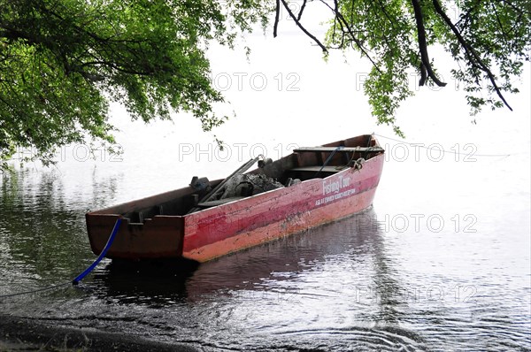 Ometepe Island, Nicaragua, Old rust-coloured rowing boat tied under hanging tree branches, Central