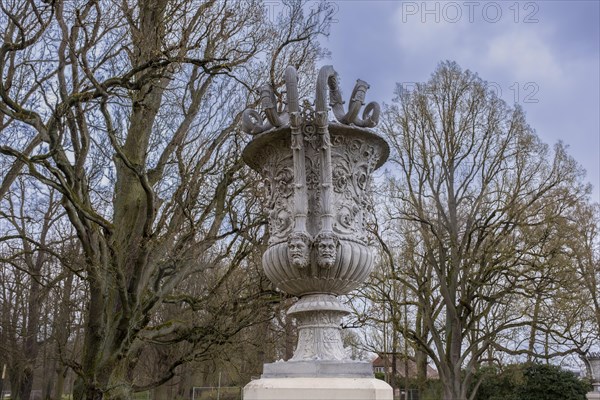 Cast zinc vase on a pedestal in the castle park, Ludwigslust, Mecklenburg-Vorpommern, Germany,