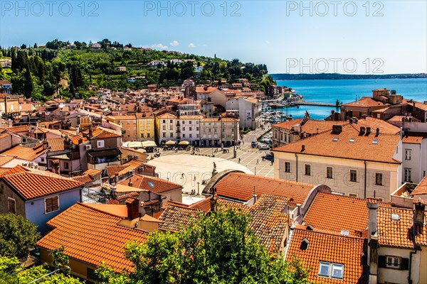 View from the bell tower over Piran and Tartin Square, harbour town of Piran on the Adriatic coast