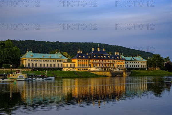 The historic side-wheel steamer KRIPPEN passes Pillnitz Palace in the glow of the setting evening
