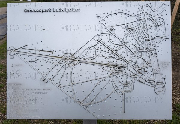 Plan of Ludwigslust Palace Park made of metal in Braille for the blind, Ludwigslust,