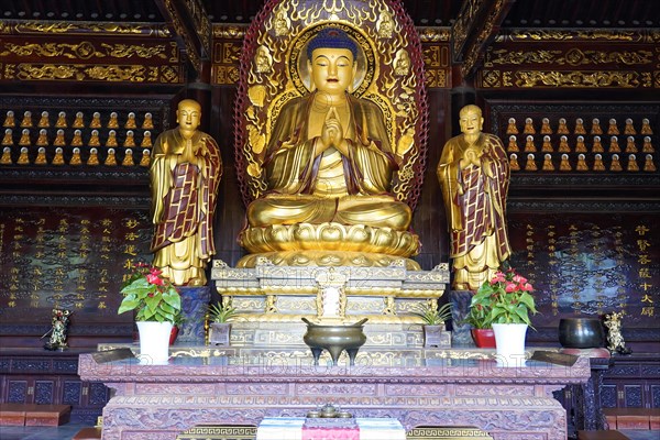 Chongqing, Chongqing Province, China, Asia, Symmetrical arrangement of golden Buddha statues inside