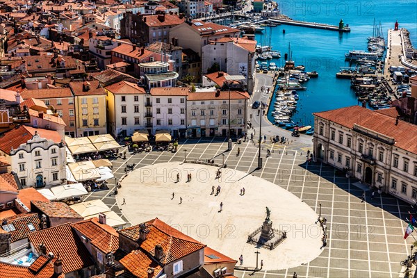 View from the bell tower over Piran and Tartin Square, harbour town of Piran on the Adriatic coast