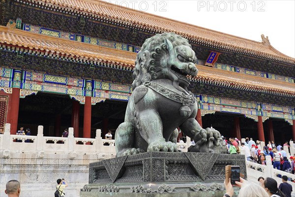China, Beijing, Forbidden City, UNESCO World Heritage Site, A traditional stone sculpture of a lion