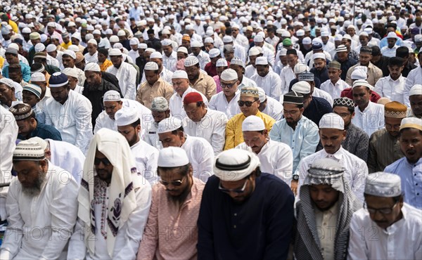 GUWAHATI, INDIA, APRIL 11: Muslims gather to perform Eid al-Fitr prayer at Eidgah in Guwahati,
