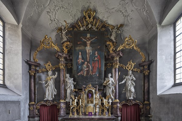Historic Lenten cloth in front of the main altar, made in 1726, Ochsenfurt-Hohestadt, Lower