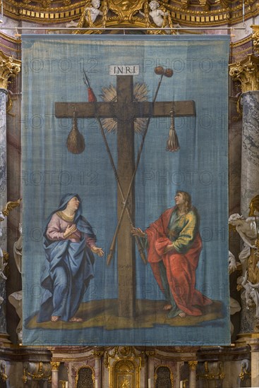 Historic Lenten cloth, around 1750, in front of the altar, St Roch's Monastery Church, Ebrach,