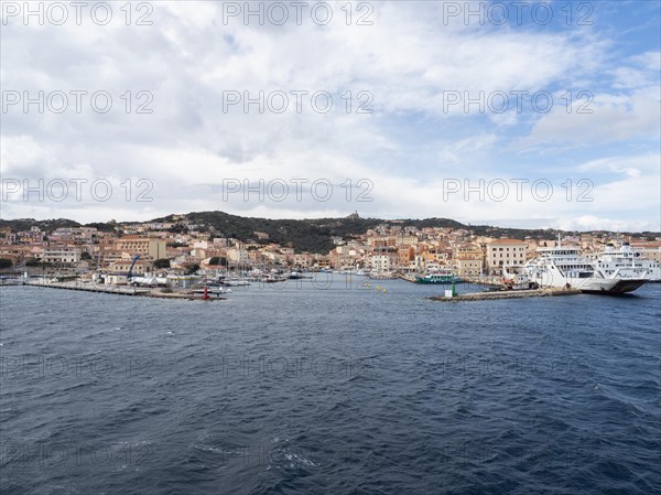 View from the sea, harbour and town of Maddalena, panoramic view, Isola La Maddalena, Sardinia,