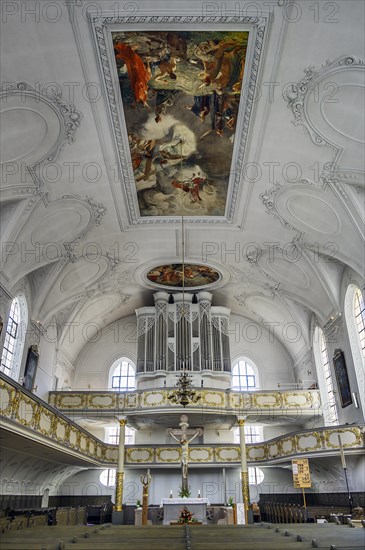 Organ loft and ceiling frescoes, Holy Trinity Church, Kaufbeuern, Allgaeu, Swabia, Bavaria,