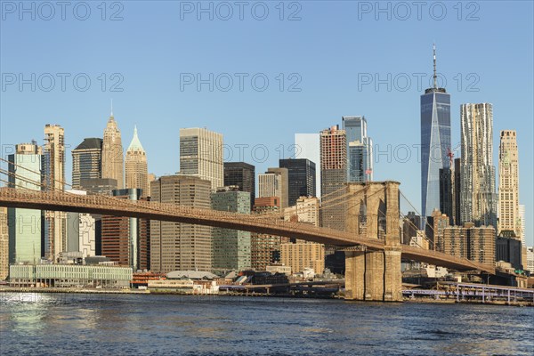 Skyline of downtown Manhattan with One World Trade Centre and Brooklyn Bridge, New York City, New