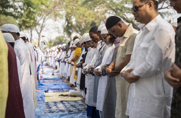 GUWAHATI, INDIA, APRIL 11: Muslims gather to perform Eid al-Fitr prayer at Eidgah in Guwahati,
