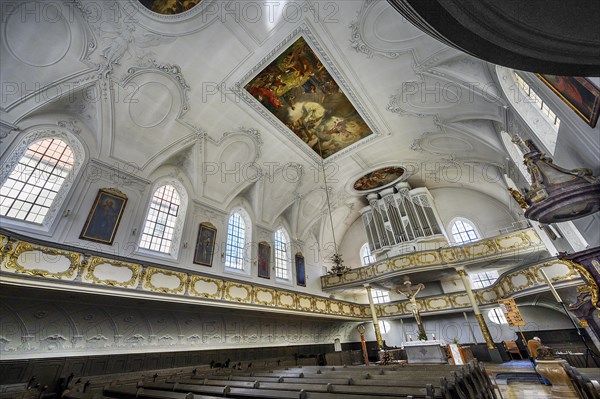 Organ loft, Dreifaltigkeitskirche, Kaufbeuern, Allgaeu, Swabia, Bavaria, Germany, Europe