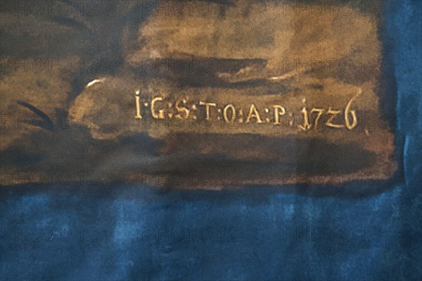 Date on the Lenten cloth, 1726, parish church of St Nicholas, Gundelsheim, Baden-Wuerttemberg,