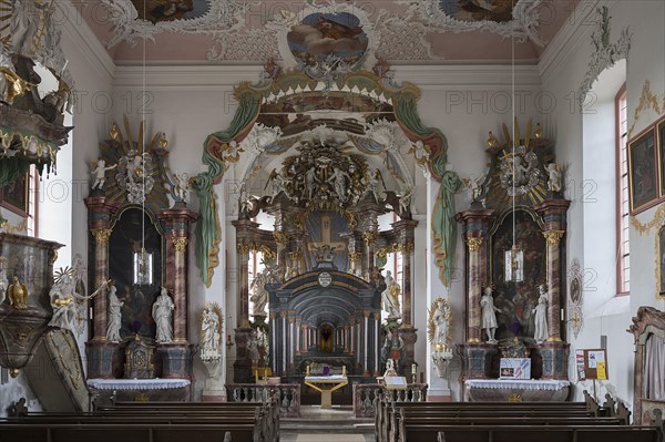 Chancel with Holy Sepulchre, behind it the historic Lenten cloth, St Wendelin, Kirchenweg 8,