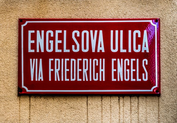 Alstadtgasse with alleyway sign by Friedrich Engels, harbour town of Piran on the Adriatic coast