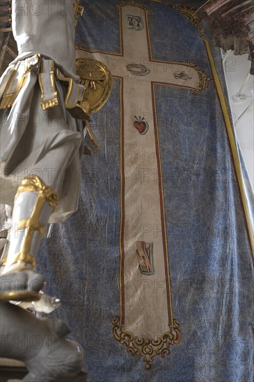 Historic Lenten Shroud hangs behind the Holy Sepulchre, St Wendelin, Kirchenweg 8, Eyershausen,