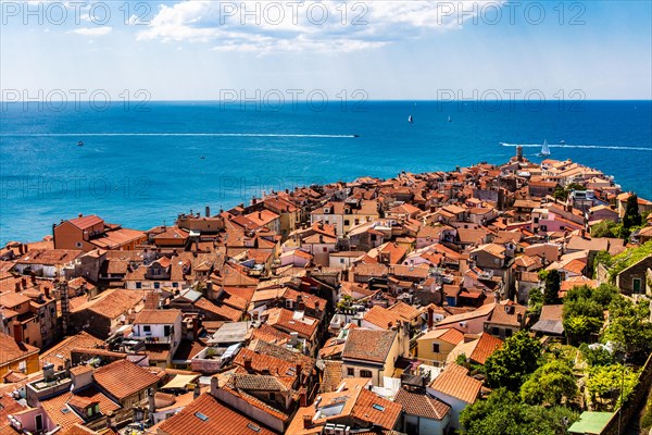 View from the bell tower over Piran, harbour town of Piran on the Adriatic coast with Venetian