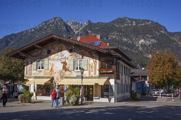 Lueftlmalerei on old house facade, Jocherhaus, Kramermassiv, district Garmisch,