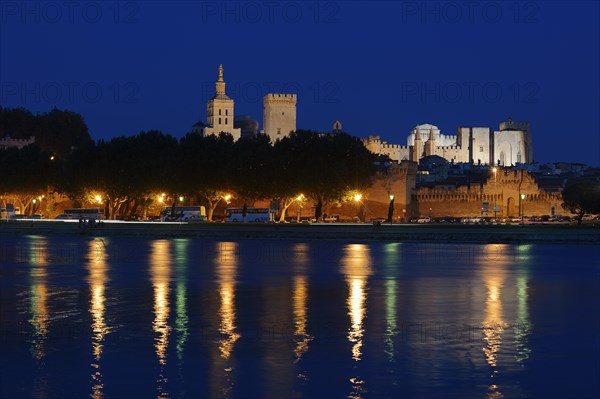 Papal Palace and Notre-Dame des Doms Cathedral at night, Avignon, Vaucluse, Provence-Alpes-Cote