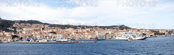 View from the sea, harbour and town of Maddalena, panoramic view, Isola La Maddalena, Sardinia,