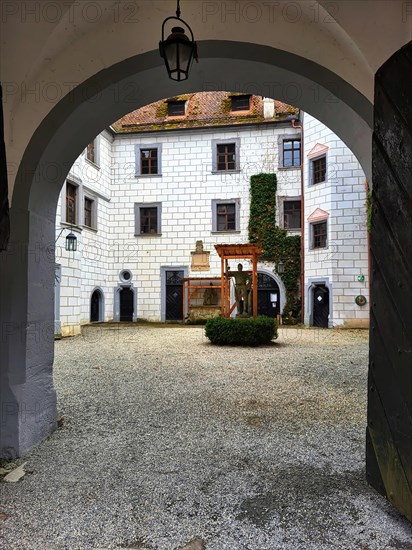 Mitwitz moated castle under a cloudy sky. Mitwitz, Kronach, Upper Franconia, Bavaria, Germany,