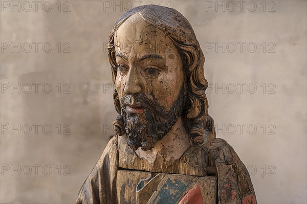Head of Christ, detailed view of the Hersbrucker Palmesel, carved from 16th century lime wood, on