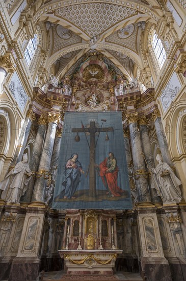 Historic Lenten cloth, around 1750, in front of the altar of the monastery church of St Rochus,