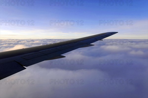 Flight to Stuttgart, Germany, view of an aeroplane wing above the cloud cover in daylight, AUGUSTO