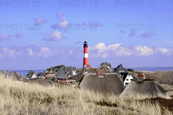 Lighthouse, Hoernum, Sylt, North Frisian Island, lighthouse rises behind a settlement with thatched