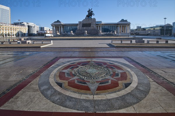 Mongolian government palace, state palace, parliament building with statue of Genghis Khan in the