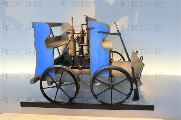 Daimler motorised trolley from 1887, Mercedes-Benz Museum, Stuttgart, Baden-Wuerttemberg, Germany,