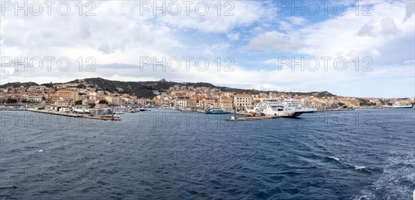 View from the sea, harbour and town of Maddalena, panoramic view, Isola La Maddalena, Sardinia,
