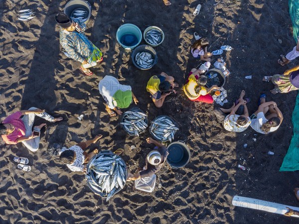 Fishermen unload their catch from their outrigger boat in the morning. Amed, Karangasem, Bali,