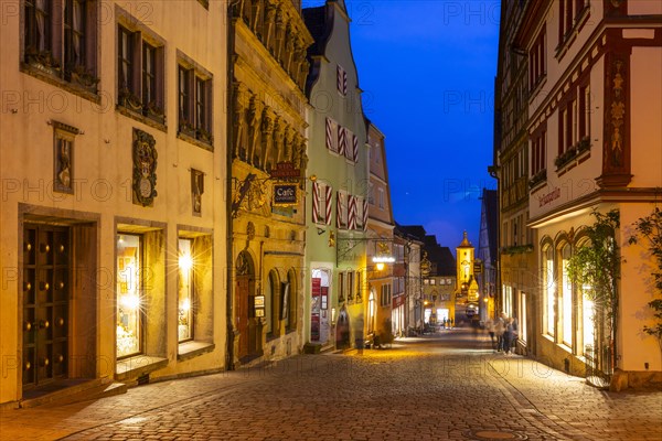 Obere Schmiedgasse with Spitaltor, Blue Hour, Rothenburg ob der Tauber, Middle Franconia, Bavaria,