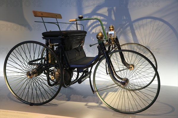 Daimler Motor-Quadricycle steel-wheeled carriage from 1891, Mercedes-Benz Museum, Stuttgart,