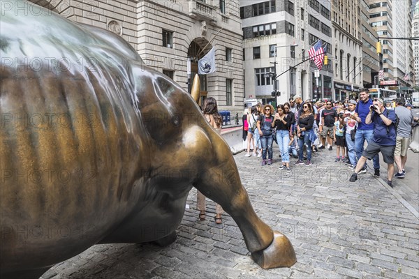 Tourists taking pictures in front of the bronze statue of the Charging Bull, Wall Street,