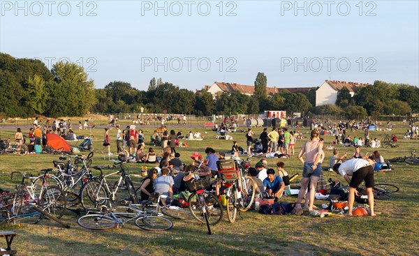 Visitors at Tempelhofer Feld. An urban park landscape is developing on the former airport, Berlin,