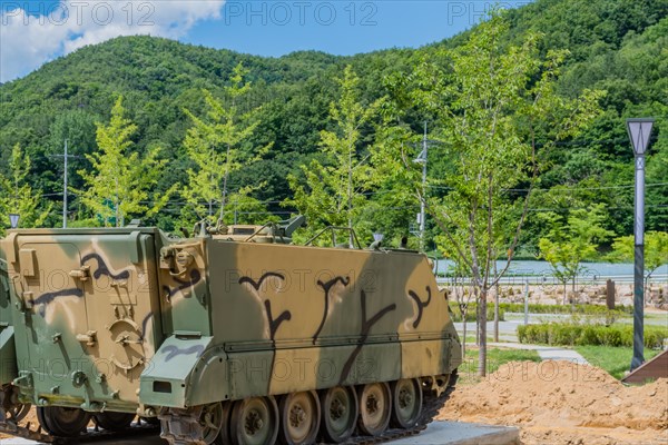 Military landing craft used in Korean war on display in public park war memorial in Nonsan, South