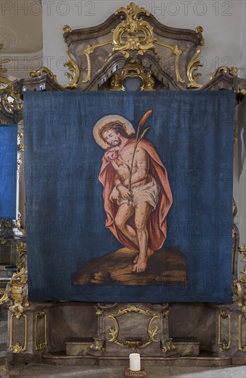 Historic Lenten cloth, made in 1726, right side altar, parish church of St Nicholas, Gundelsheim,
